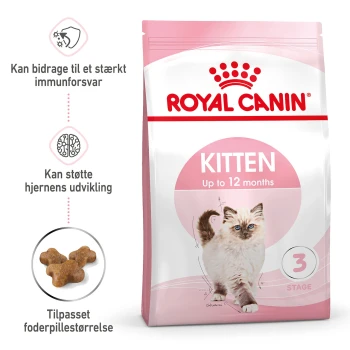 Royal Canin Kittenfutterbeutel, pinkes Design, mit einem flauschigen Kätzchen und dem Text: "Kätzchen bis zu 12 Monate" und "Stufe 3".