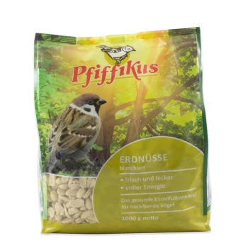 Pfiffikus Vogelfuttersack mit Spatzabbildung, Sichtfenster mit blanchierten Erdnüssen; Text 'Erdnüsse blanchiert', '1000 g netto'.