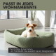 Ein Stapel plüschiger Hundebetten in drei Farben: Beige, Oliv und Braun, mit Text, der Größen und Designansprüche hervorhebt.