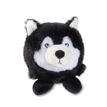 Rundes schwarz-weißes Plüsch-Husky-Spielzeug mit blauen Augen, weißer Schnauze, schwarzer Nase und kleinen schwarzen Beinen
