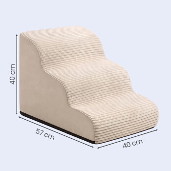 Beige gerippte dreistufige Haustiertreppe mit wellenförmigen Seiten, Maße mit 40 cm und 57 cm auf hellem Hintergrund beschriftet.