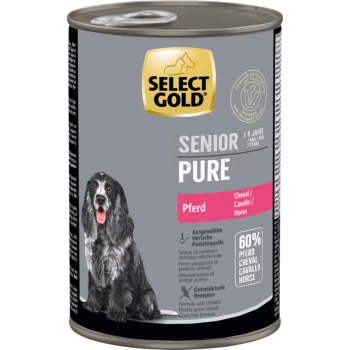 Select Gold Senior Pure dog food can with horse flavor, 60% horse protein, grain-free, for dogs 8+ years, featuring a black and white dog image.
