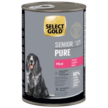 Select Gold Senior Pure dog food can with horse flavor, 60% horse protein, grain-free, for dogs 8+ years, featuring a black and white dog image.