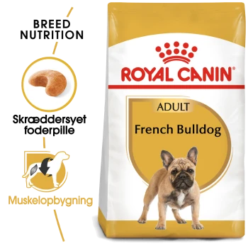 Royal Canin Adult French Bulldog hondenvoerzak, met specifieke voeding voor het ras, een illustratie van de brokvorm en tekst in het Deens.
