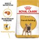 Torba z jedzeniem dla psów Royal Canin Adult French Bulldog, z żywieniem dostosowanym do rasy, ilustracją kształtu krokieta i tekstem w języku duńskim.