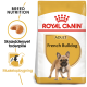 Torba z jedzeniem dla psów Royal Canin Adult French Bulldog, z żywieniem dostosowanym do rasy, ilustracją kształtu krokieta i tekstem w języku duńskim.