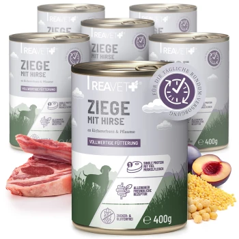 Dosen von REAVET+ Haustierfutter, beschriftet mit 'Ziege mit Hirse', das Ziegenfleisch mit Hirse, Kichererbsen und Pflaumen enthält, jeweils 400 g.