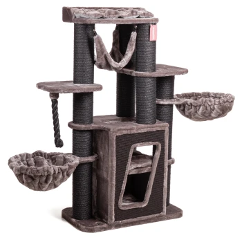 Grauer Katzenbaum mit mehreren Ebenen, Hängematten, Kratzpfosten und einem gemütlichen Versteck. Ideal für das Spielen und Ausruhen von Katzen.