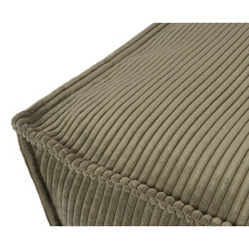 Nahaufnahme eines weichen, gerippten Haustierbettes in einem gedämpften olivgrünen Farbton, mit einem dekorativen, gepipten Rand.