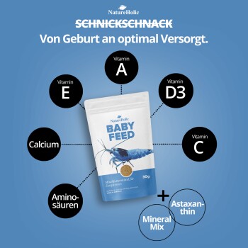 NatureHolic BABY FEED, blauer 30-g-Beutel für Garnelen mit Garnelenbild; listet Vitamine A, D3, C, E, Calcium, Aminosäuren und Astaxanthin