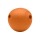 Orangefarbener Gummihundespielball mit einer strukturierten Oberfläche und einem Loch, entworfen für Spiel und Haltbarkeit.
