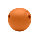 Orangefarbener Gummihundespielball mit einer strukturierten Oberfläche und einem Loch, entworfen für Spiel und Haltbarkeit.