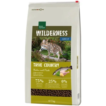 Wilderness True Country Adult Kurczak z rybą 7 kg Torba karmy dla kotów Real Nature Wilderness 7 kg z bengalskim kotem, oznaczoną "True Country," z "Kurczakiem z rybą" i 75% mięsa.