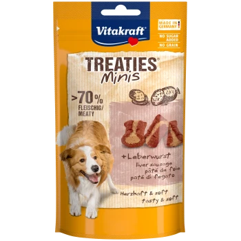 Vitakraft Treaties Minis Hundefutterverpackung, Leberwurstgeschmack, 70% Fleisch, gekennzeichnet mit "Kein Zucker hinzugefügt" und "Kein Getreide."