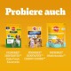 Bild von drei Pedigree-Haustierprodukten auf einem leuchtend orangefarbenen Hintergrund: DentaStix Daily Fresh, DentaStix Chewy Chunx und Multivitamine.
