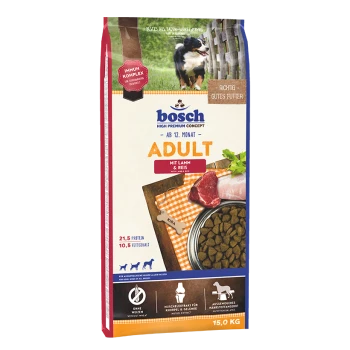 Bosch Adult Hundefutterbeutel mit Lamm und Reis, mit einem Bild eines Hundes und wichtigen Details einschließlich 21,5% Protein und 10,5% Fett.