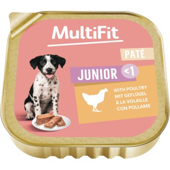 MultiFit Junior <1 Geflügel-Pâté-Schälchen mit Welpenbild, Hühnchen-Symbol und den Texten 'MultiFit' und 'Paté'.