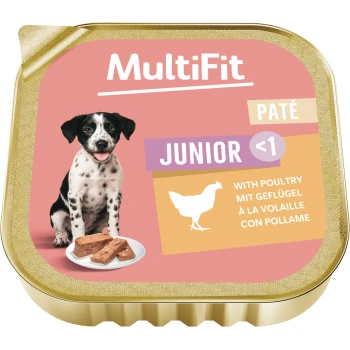 MultiFit Junior <1 Geflügel-Pâté-Schälchen mit Welpenbild, Hühnchen-Symbol und den Texten 'MultiFit' und 'Paté'.