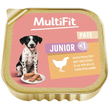 MultiFit Junior <1 barquette de pâté pour volaille avec image de chiot, icône de poulet et texte 'MultiFit' et 'Paté'