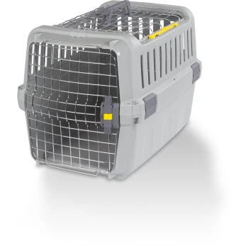 Grau Haustierträger mit einer Metallgittertür, ausgestattet mit einem oberen Griff und gelben und grauen Riegeln für sicheren Verschluss.