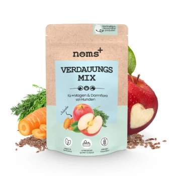 Eine Packung "noms+ VERDAUNGS MIX" für Hunde, mit Apfel und Karotte, beschriftet vegan, verdauungsfördernd und allergiefreundlich.