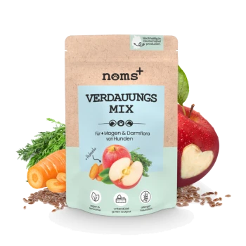 Eine Packung "noms+ VERDAUNGS MIX" für Hunde, mit Apfel und Karotte, beschriftet vegan, verdauungsfördernd und allergiefreundlich.