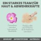 Bild zur Förderung von Haustiergesundheitsprodukten, mit einer rosa Blume und einem Löffel Pulver. Der Text hebt Vorteile für Haut und Immunität hervor.