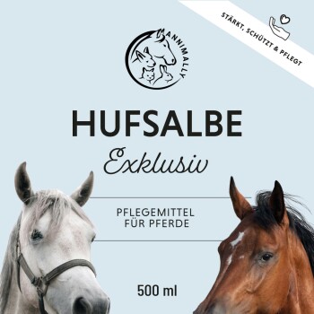 Hufsalbe Exklusiv für Pferde, mit einem grauen Pferd und einem braunen Pferd auf dem Etikett, 500 ml, mit dem Text "Stärkt, schützt & pflegt."