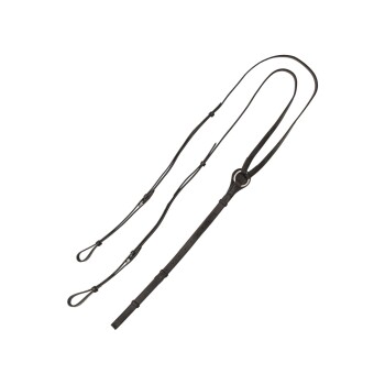 Schwarze Lederhundeleine mit verstellbarer Länge und einem Metallring, vor einem weißen Hintergrund präsentiert.