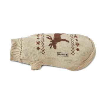 Beiger, gestrickter Hundepullover mit braunem Rentier- und Schneeflockenmuster, geripptem Kragen, kleiner Beinöffnung und Label „WOLTERS“.