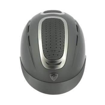 Eine Draufsicht auf einen schlanken, dunkelgrauen Haustierhelm mit einem Wabenbelüftungsdesign und einem Logo an der Vorderseite.