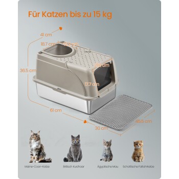Katzenstreu für Katzen bis 15 kg, mit beschrifteten Abmessungen, in grauem Design und einer abnehmbaren Matte, mit Bildern verschiedener Katzenrassen.