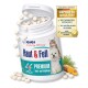 Behälter mit GIGI Haut & Fell Tabletten für Haustiere, mit einem Hund und einer Katze auf dem Etikett, mit den Aufdrucken "90 Tabletten" und "GMP-zertifiziert".