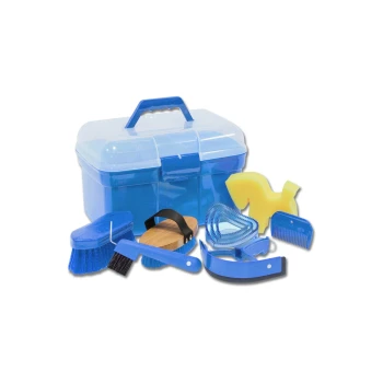 Blaues Haustierpflege-Set mit einer transparenten Aufbewahrungsbox, einschließlich Bürsten, Kämmen, einem Schwamm und einer Holzbürste.