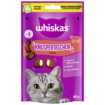 Whiskas Knuspertaschen Katzenleckerlis mit Rindfleisch, mit einer Nahaufnahme eines Katzenkopfes und Bildern der Leckerlis auf einem lila Hintergrund.
