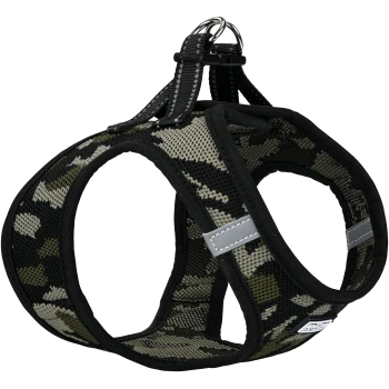 Harnais pour chien à motif camouflage avec une bordure noire, comportant des sangles ajustables et des anneaux en D en métal pour attacher la laisse.