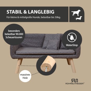 Ein modernes graues Haustiersofa mit Holzbeinen und zwei kleinen Kissen, auf Holzboden neben einem schwarzen Stuhl und einem wandmontierten Pflanzenfoto.