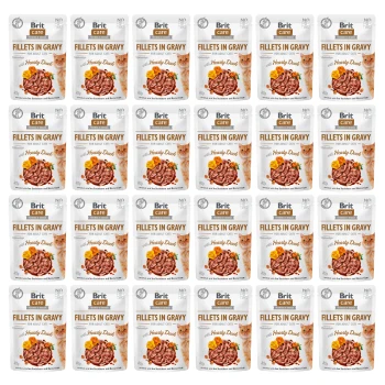 Torebki karmy dla kotów Brit Care, oznaczone 'Fillets in Gravy with Hearty Duck', ułożone w siatkę. Każda torebka ma 85g.