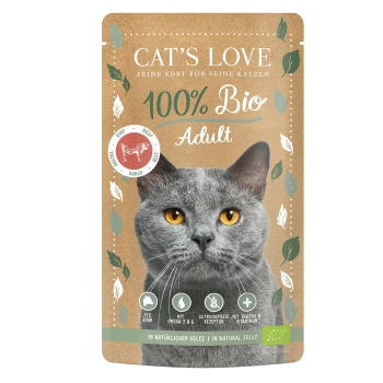 Cat's Love 100 % Bio Adult Katzenfutterbeutel mit grauer Katze und Rindergeschmack, natürlichem Gelee und Nährwertsymbolen.