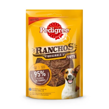 Verpackung von Pedigree Ranchos Originals Hundeleckerlis, mit einem hellgelben Hintergrund, mit den Texten "95% Fleisch" und "reich an Huhn."