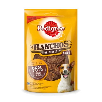 Verpackung von Pedigree Ranchos Originals Hundeleckerlis, mit einem hellgelben Hintergrund, mit den Texten "95% Fleisch" und "reich an Huhn."