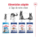 Emballage de nourriture pour chiens Royal Canin mettant en avant une nutrition spécifique à l'âge : Chiot, Adulte, Adulte 5-8 ans et Vieillissant 8+.