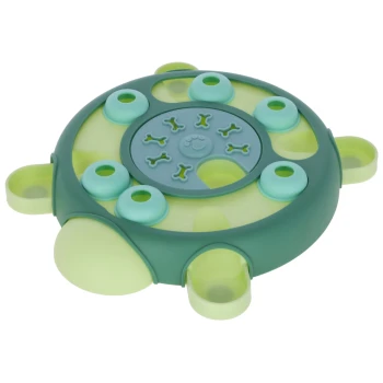 Grünes und blaues rundes interaktives Hundepuzzle-Spielzeug mit knochenförmigen Aussparungen und Schiebefächern.