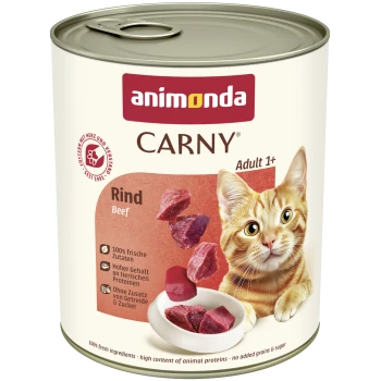 Dose Animonda Carny Katzenfutter (Rind, Adult 1+) mit Bild einer rotgetigerten Katze und Rindfleischstücken in einer Schüssel