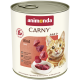 Dose Animonda Carny Katzenfutter (Rind, Adult 1+) mit Bild einer rotgetigerten Katze und Rindfleischstücken in einer Schüssel