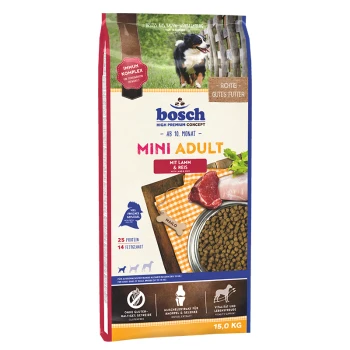 Verpakking van Bosch Mini Adult hondenvoer met een kleine hond, met tekst die de ingrediënten benadrukt: lam en rijst, 25% eiwit, 14% vet.