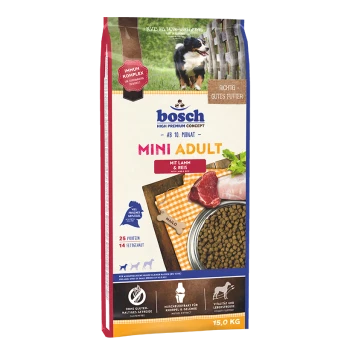 Bosch Mini Adult Hundefutterverpackung mit einem kleinen Hund, mit Text, der die Zutaten hervorhebt: Lamm und Reis, 25% Protein, 14% Fett.