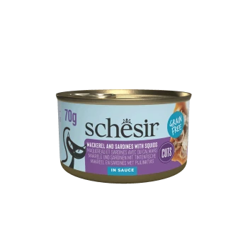 70g Schesir cat food can, mackerel and sardines with squids in sauce, grain free, cuts visible on label.