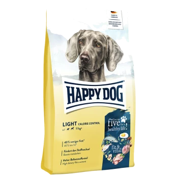 Happy Dog Light Hundefutterbeutel (11 kg) mit einer grauen Hundillustration, beschriftet mit "Kalorienkontrolle", das 40 % weniger Fett und hohen Ballaststoffgehalt hervorhebt.