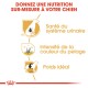 Infographie promouvant une nutrition sur mesure pour les chiens, mettant en avant les avantages : santé urinaire, intensité de la couleur du pelage et poids idéal.